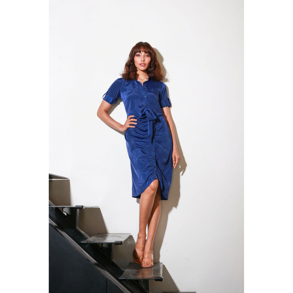 Echke Blue French Crepe Shirt Dress with Rouging And Tie Up Feature