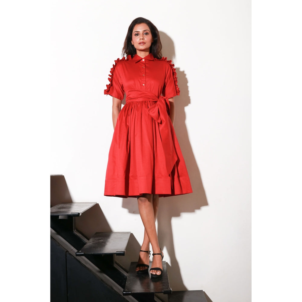 Echke Red Dress with Waist Flare And Rouging Feature & Belt (Set of 2)