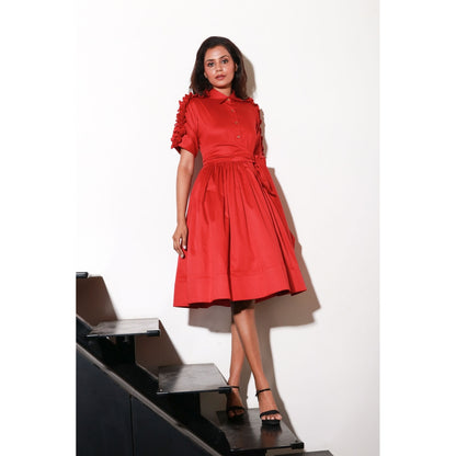 Echke Red Dress with Waist Flare And Rouging Feature & Belt (Set of 2)
