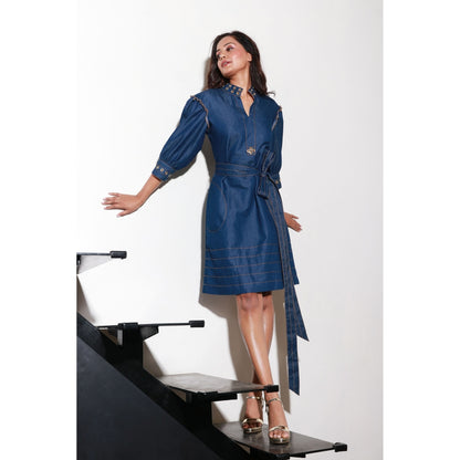 Echke Denim Loose Sleeve Dress Tan Stitching And Eyelit Feature with Belt (Set of 2)