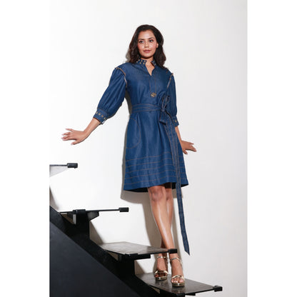 Echke Denim Loose Sleeve Dress Tan Stitching And Eyelit Feature with Belt (Set of 2)