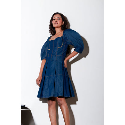 Echke Denim Short Flared Dress with Dramatic Sleeves And Rivets