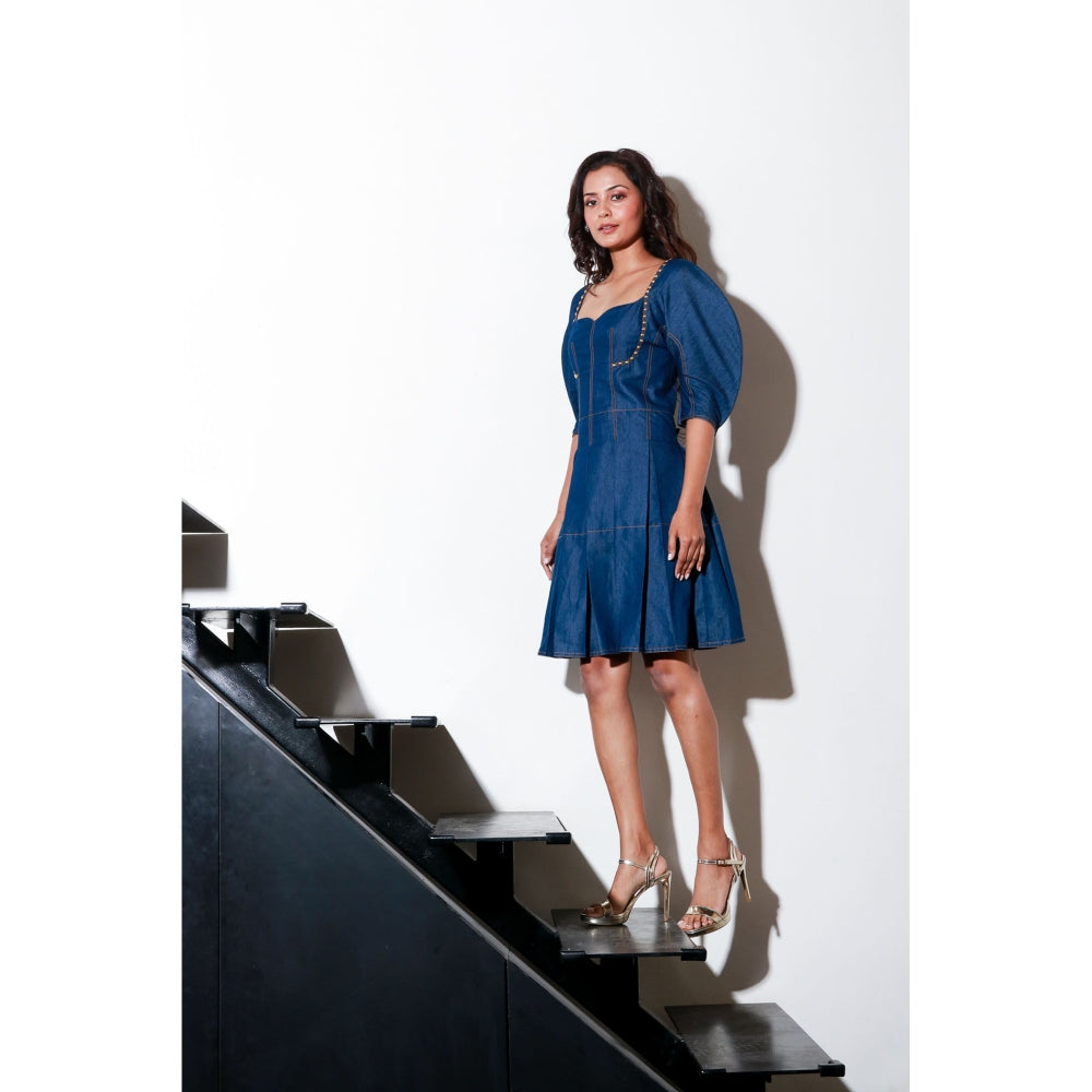 Echke Denim Short Flared Dress with Dramatic Sleeves And Rivets