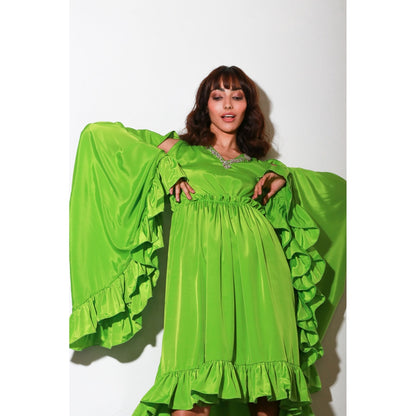 Echke French Crepe Green Gathered Dress with Cape Sleeves
