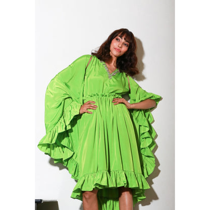 Echke French Crepe Green Gathered Dress with Cape Sleeves