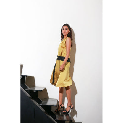 Echke Mustard Milano Dress with Front Pleats And Black Milano Centre Feature with Side Zips