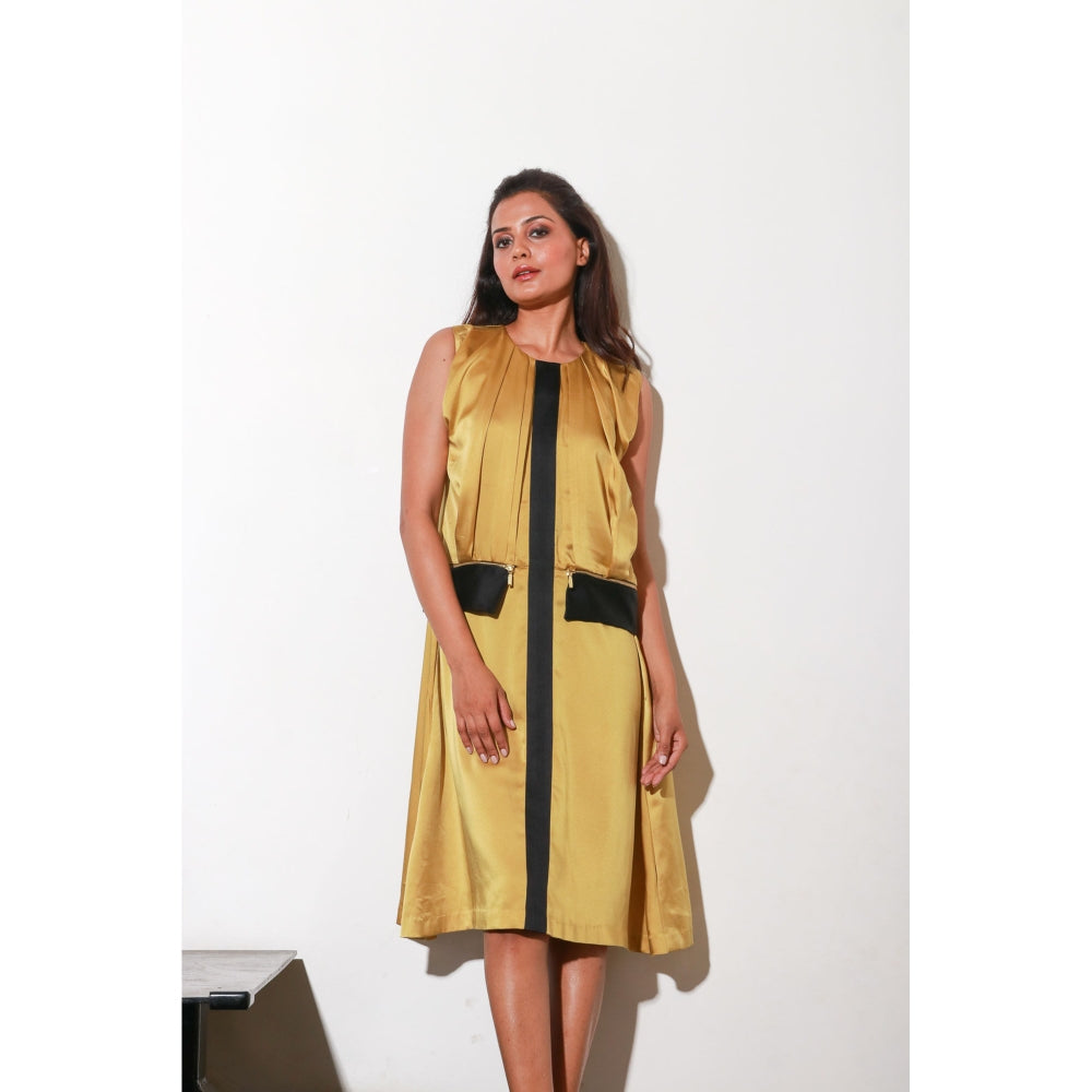 Echke Mustard Milano Dress with Front Pleats And Black Milano Centre Feature with Side Zips