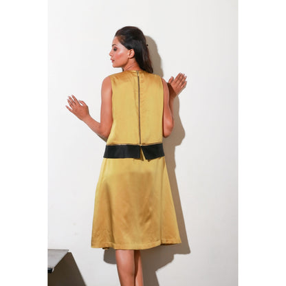 Echke Mustard Milano Dress with Front Pleats And Black Milano Centre Feature with Side Zips