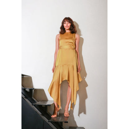 Echke Mustard Yellow Fitted Dress & Belt with Asymmetrical Bottom Part (Set of 2)