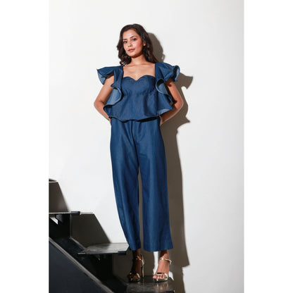 Echke Denim Jumpsuit with Bustier And Frill Feature Around The Neckline And Shoulders
