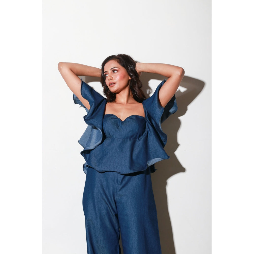 Echke Denim Jumpsuit with Bustier And Frill Feature Around The Neckline And Shoulders