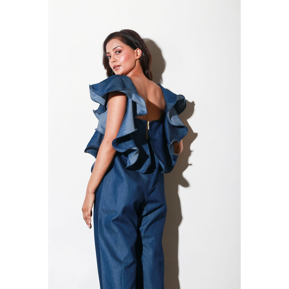Echke Denim Jumpsuit with Bustier And Frill Feature Around The Neckline And Shoulders