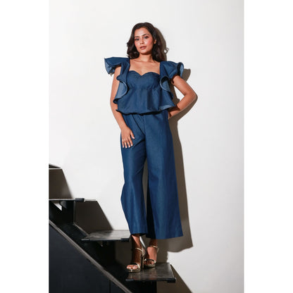 Echke Denim Jumpsuit with Bustier And Frill Feature Around The Neckline And Shoulders