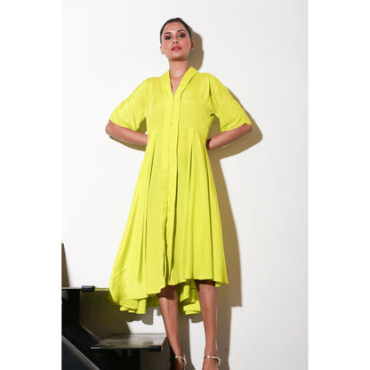 Echke Yellow French Crepe Dress with Flared Cente And Back Feature