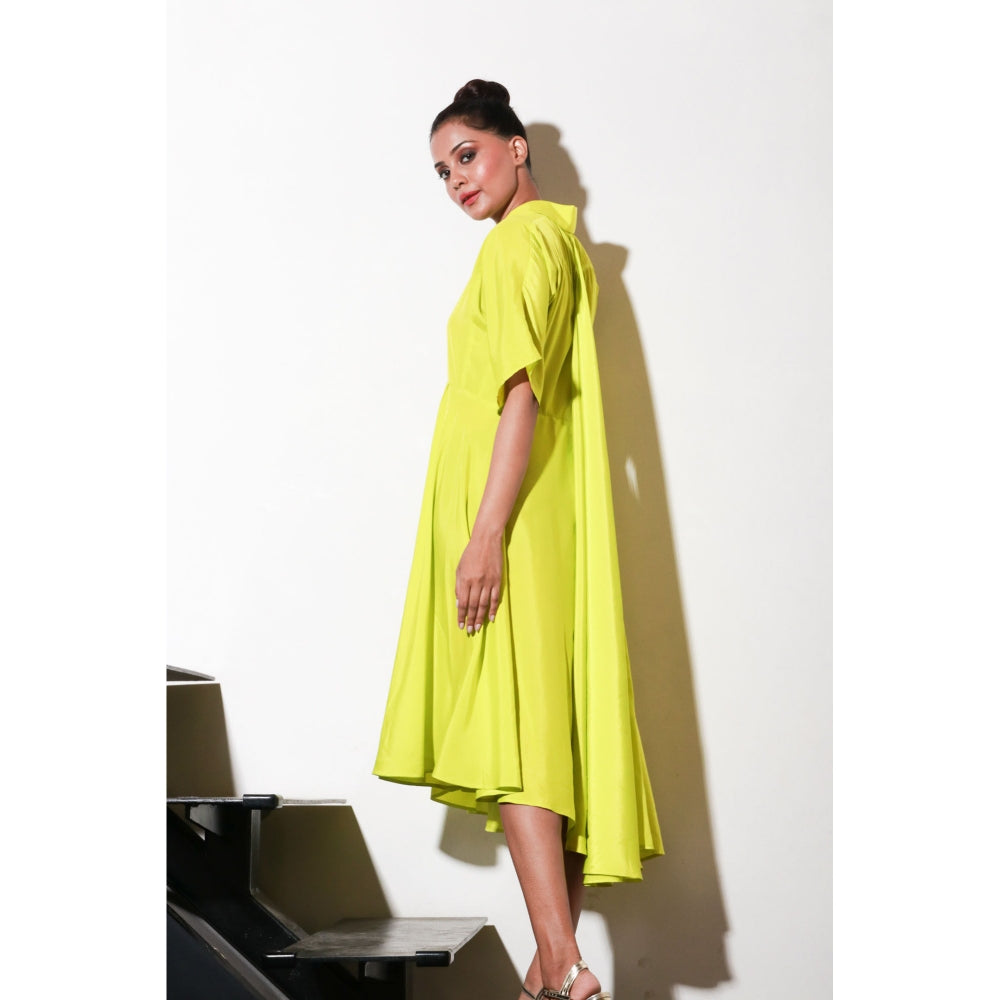 Echke Yellow French Crepe Dress with Flared Cente And Back Feature
