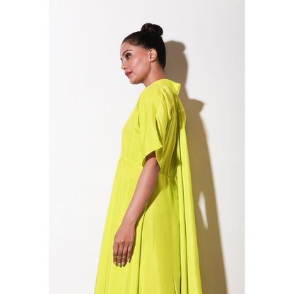 Echke Yellow French Crepe Dress with Flared Cente And Back Feature