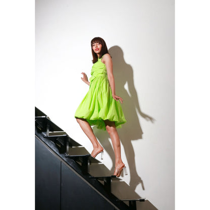 Echke Neon Green Flared Balloon Dress with Rounded Megia Sleeves & Belt (Set of 2)