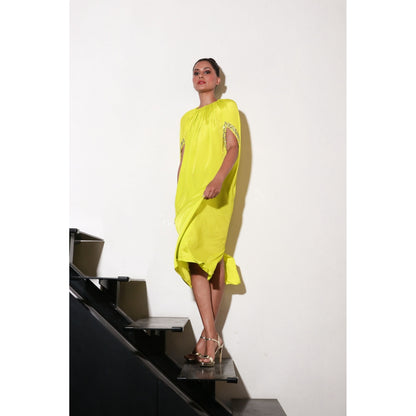 Echke Lime Yellow Dress with Work & Front Cut Out Sleeves