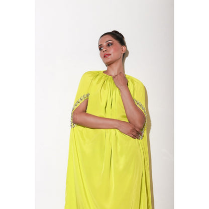 Echke Lime Yellow Dress with Work & Front Cut Out Sleeves