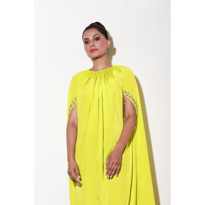 Echke Lime Yellow Dress with Work & Front Cut Out Sleeves