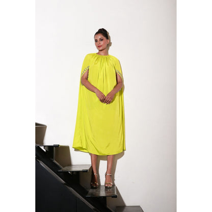 Echke Lime Yellow Dress with Work & Front Cut Out Sleeves