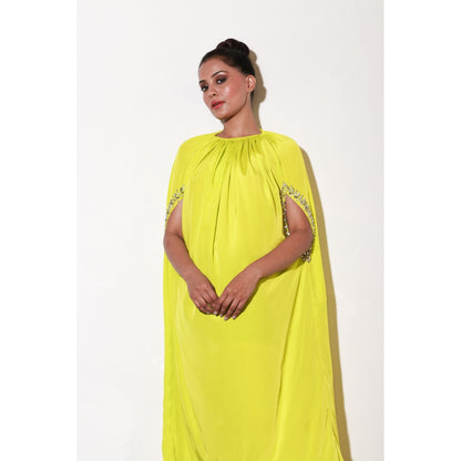Echke Lime Yellow Dress with Work & Front Cut Out Sleeves