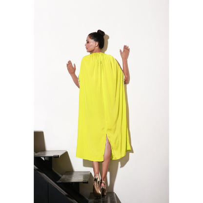 Echke Lime Yellow Dress with Work & Front Cut Out Sleeves