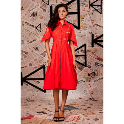 Echke Orange Midi Flared Dress