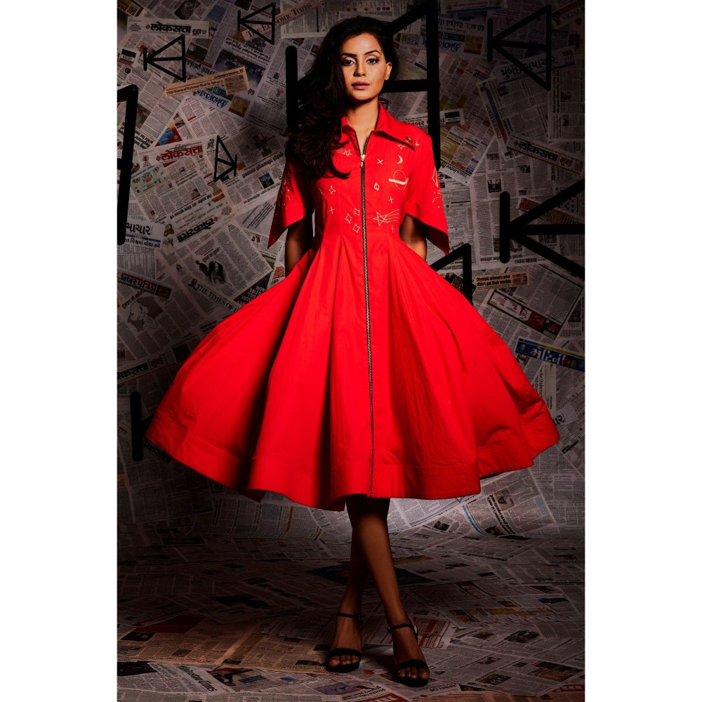 Echke Orange Midi Flared Dress