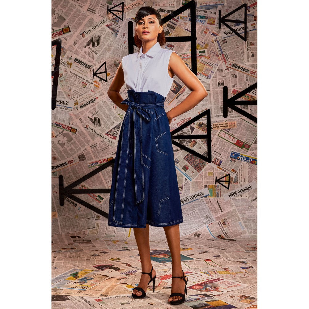 Echke White and Blue Colorblock Dress with Belt (Set of 2)