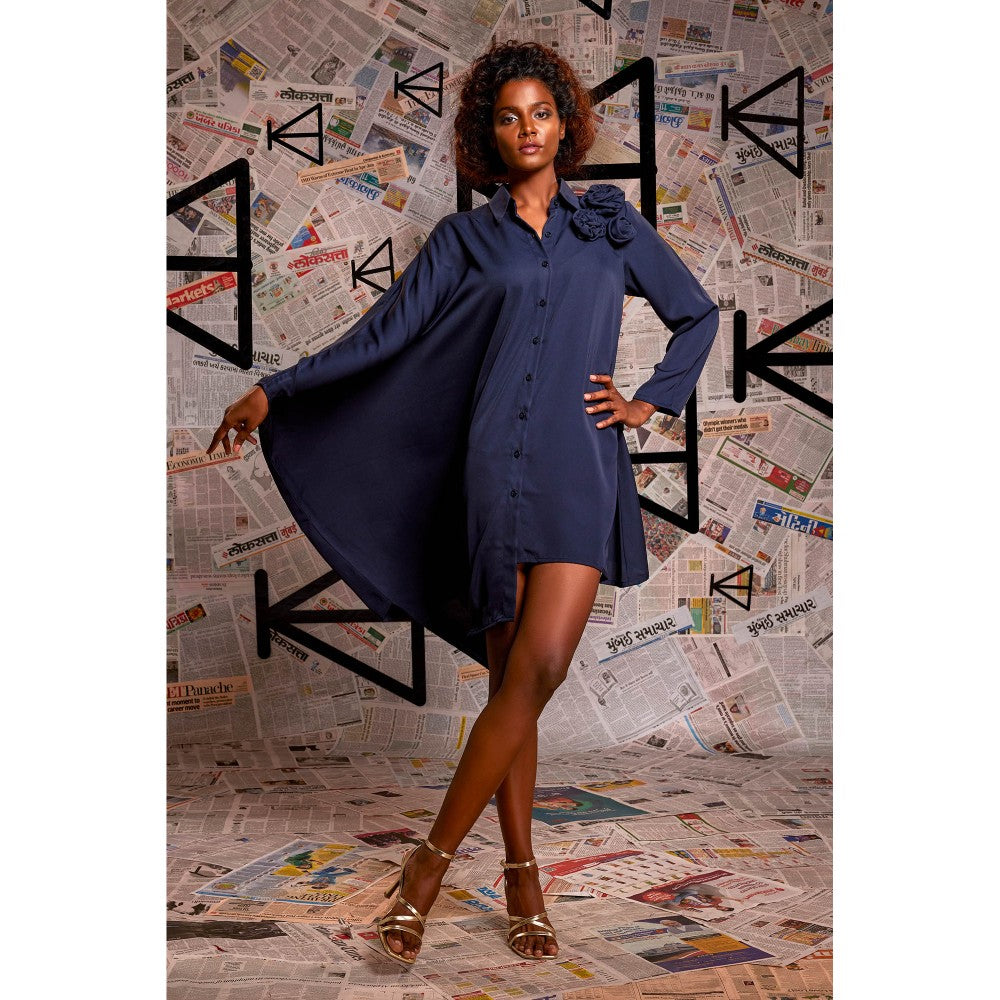 Echke Blue Rayon Asymmetrical Shirt Dress