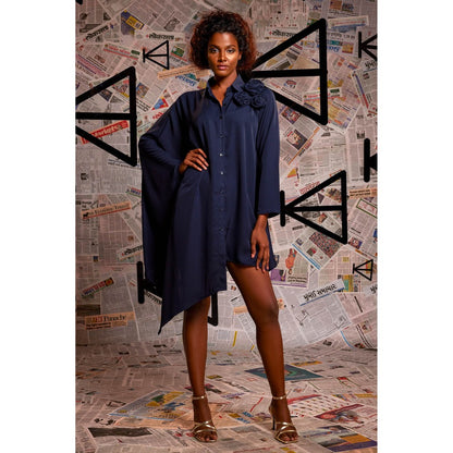 Echke Blue Rayon Asymmetrical Shirt Dress