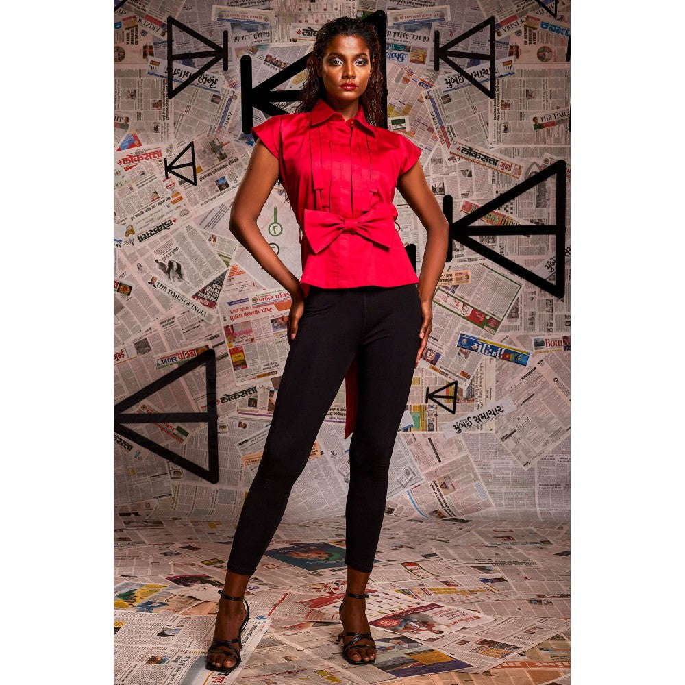Echke Red Pleated Shirt with Detachable Bow (Set of 2)