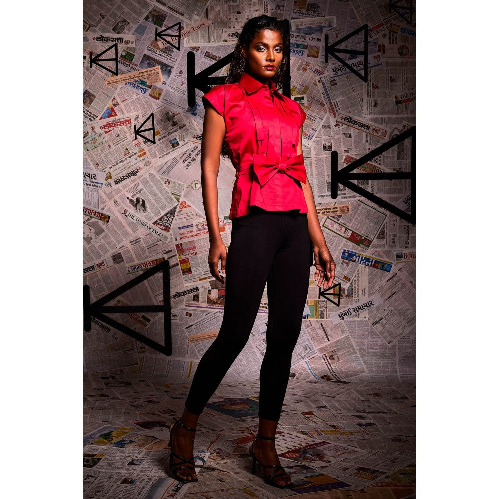 Echke Red Pleated Shirt with Detachable Bow (Set of 2)