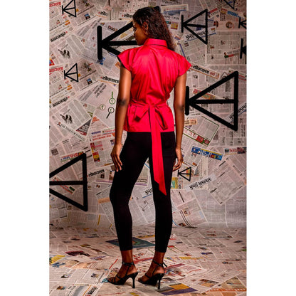 Echke Red Pleated Shirt with Detachable Bow (Set of 2)