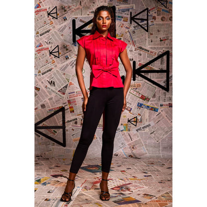 Echke Red Pleated Shirt with Detachable Bow (Set of 2)