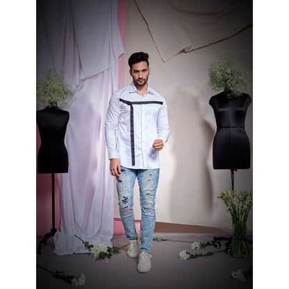 Echke White Pl Shirt With Black Chest Patti And Buckle