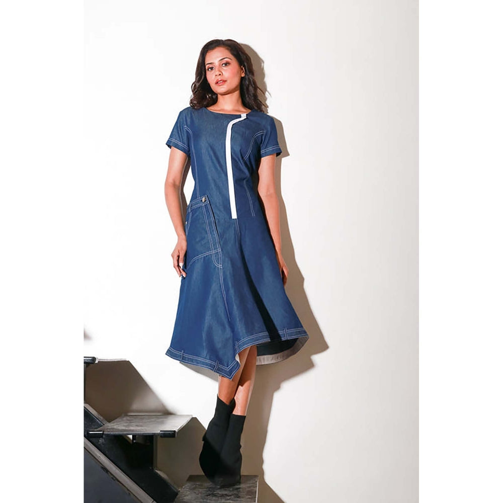 Echke Denim Asymmetric Dress With Zipper Flap Feature.