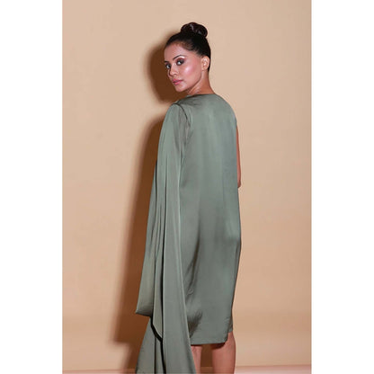 Echke Olive Green Sleeveless Dress With One Side Drape And Neck Embellishment.