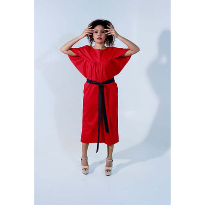 Echke Red And Charcoal Angular Sleeves Dress