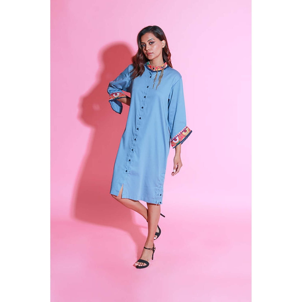 Echke Slate Blue Shirt Dress With Kutch Border And Side Buttons Slit