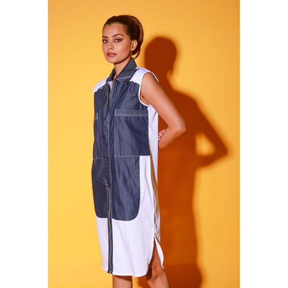 Echke White And Denim Sleeveless Shirt Dress Features Supersized Pockets.