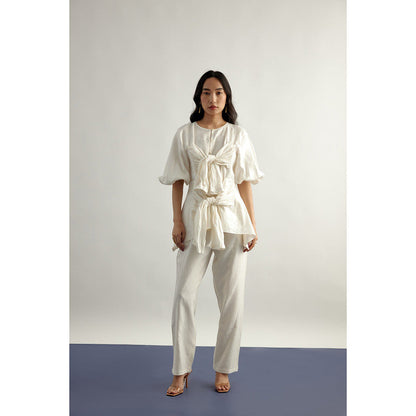 EchoStudio Linen Tie Up Top with Pants (Set of 2)