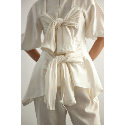 EchoStudio Linen Tie Up Top with Pants (Set of 2)