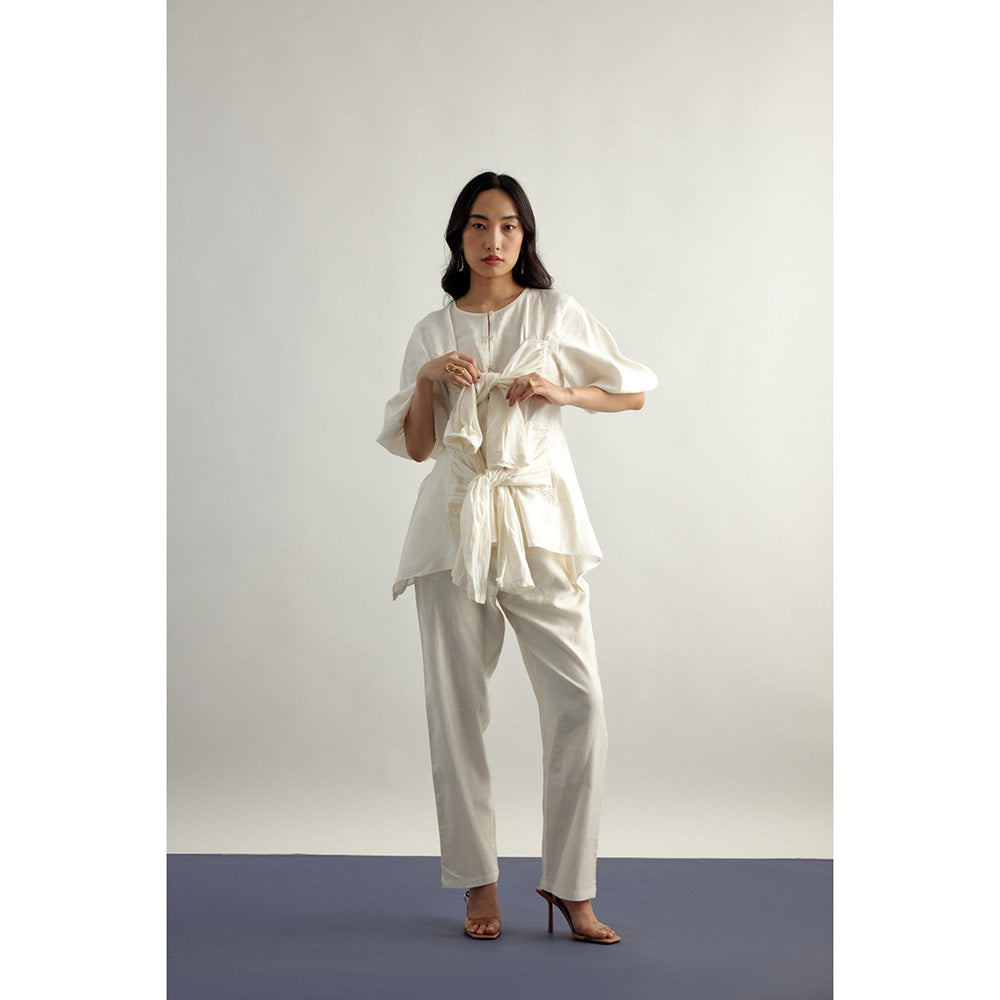 EchoStudio Linen Tie Up Top with Pants (Set of 2)