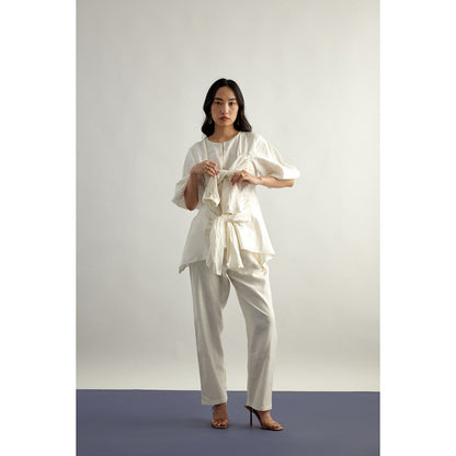 EchoStudio Linen Tie Up Top with Pants (Set of 2)
