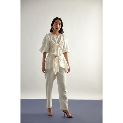 EchoStudio Linen Tie Up Top with Pants (Set of 2)