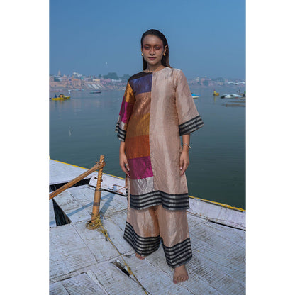 EEDA Multi-Colour Dhun Zari Striped Patch Kurta with Pant (Set of 2)