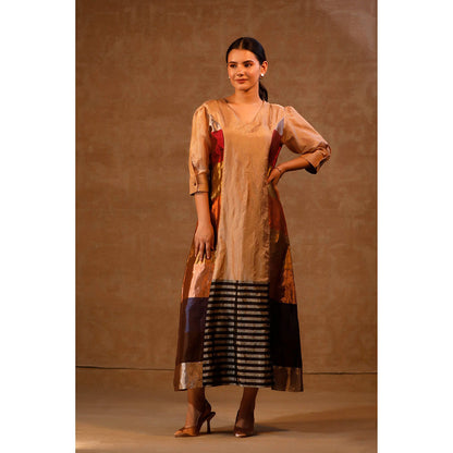 EEDA Multi-Colour Dhun Zari Striped V- Neck Dress