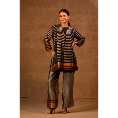 EEDA Grey Dhun Patch Zari Stripe High Neck Kurta with Pant (Set of 2)